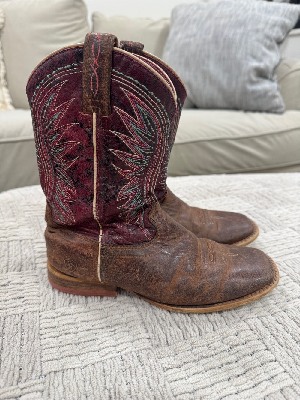 Ariat Brown Leather Kids Cowboy Boots with Burgundy Shaft